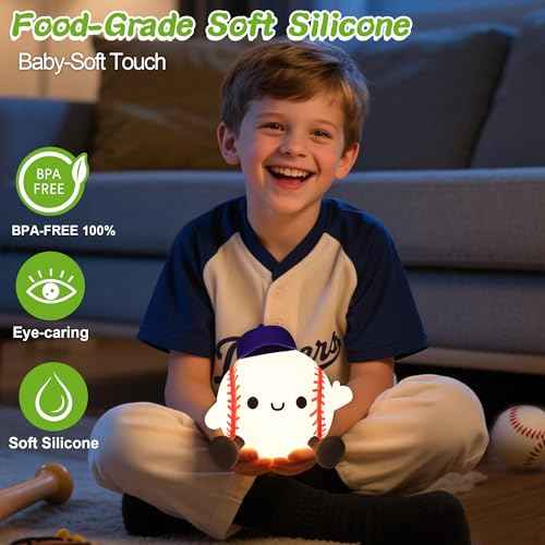 Baseball Night Light, Dimmable Silicone Touch Lamp with USB Rechargeable Soft Glow Bedside Lamp for Boys Bedroom Decor, Baseball Gifts for Boys Sport Fans Birthday Xmas