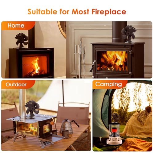 Large Heat Powered Wood Stove Fan for Fireplace & Log Burner - Silent, Thermo-Operated, Aluminum Blade, with Thermometer