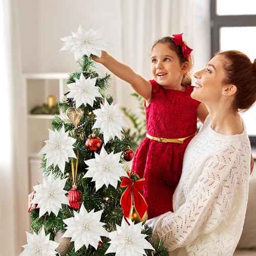 Sggvecsy 15 Pcs Christmas Glitter Flowers Christmas Tree Ornaments Shining Artificial Poinsettia Christmas Flowers Decoration with Clips for Xmas Holiday Wedding Wreath Party Floral Decorations(White)