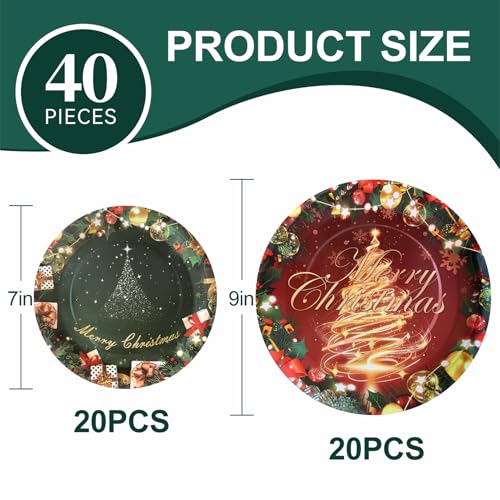 Christmas Paper Plates, 40pcs Party Paper Plate Set Disposable Christma Party Food Dinner Dessert Plates Tableware Decorations Favors, Including 20pcs 9" and 20pcs 7" for Christmas Plate