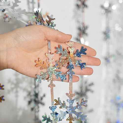 Winter Wonderland Party Snowflake Decorations, 3.3x6.6ft Iridescent Silver Snowflake Tinsel Foil Fringe Curtains Backdrops Photo Props for Xmas Winter Frozen Birthday Party Supplies, 2 Pack