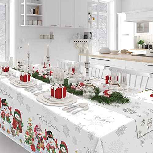 FunnyPars 3Pcs Christmas Snowman Tablecloth,Plastic Christmas Snowman Snowflake Winter Table Cover with Xmas Tree for Winter Holiday Themed Party Decorations and Supplies,54x 108inch£¨White£©