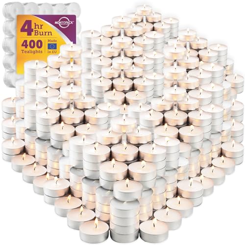 MontoPack 400 Pack Unscented Tea Light Candles - Long-Lasting, Dripless & Smokeless, White, 4 Hour Burn Time
