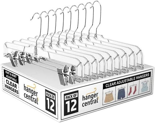 Hanger Central 14-Inch Clear Pants Hangers - Adjustable Clips & Non-Slip Design | 12 Pack Heavy-Duty Closet Organizers