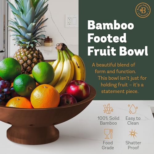 Brown Wooden Fruit Bowl with Pedestal – Large Bamboo Vented Fruit Basket