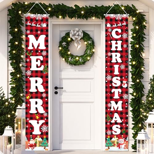 Aeergured Christmas Banner Red Black Buffalo Plaid 71" x 12" Welcome Porch Sign – Indoor/Outdoor, Santa Tree design, Merry Christmas, Reusable