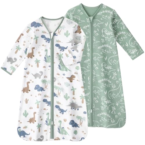 FIEMOL Baby Sleep Sack 6-12 Months Green Dinosaur 2-Pack - Long Sleeve Wearable Blanket with Mittens & 2-Way Zipper