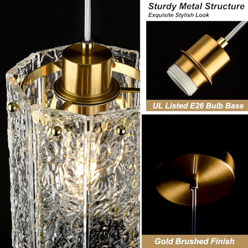 Modern Gold Water Ripple Glass Pendant Lights for Kitchen Island & Dining Room - 2 Pack