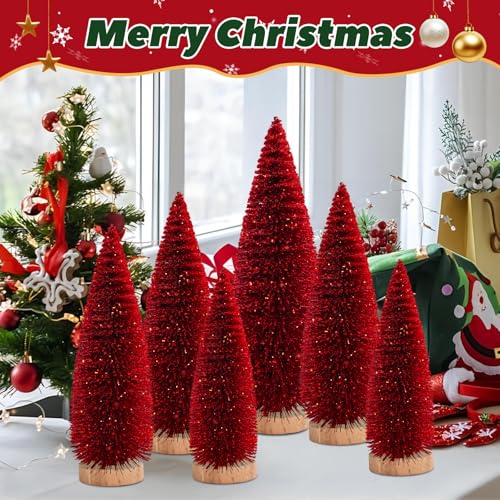 BIJXOYA 9 Pcs Mini Christmas Tree Set - 6/8/10 in with Red Glitter, Wooden Bases