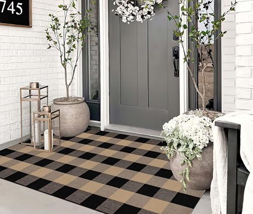 Khaki Black Buffalo Plaid Outdoor Rug 3'x5' Farmhouse Door Mat - Washable, Durable Welcome Mat