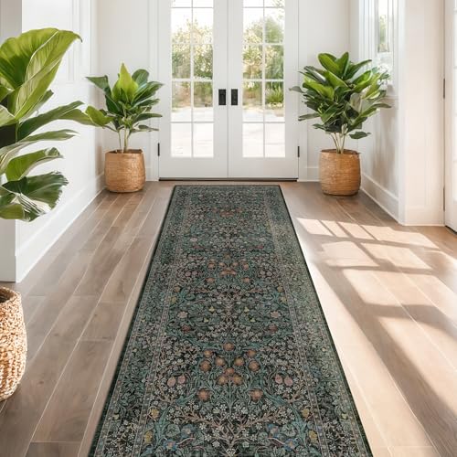 Dark Green & Black 3x10 ft Extra Long Runner Rug for Hallway Kitchen Non Slip Washable Vintage Floral