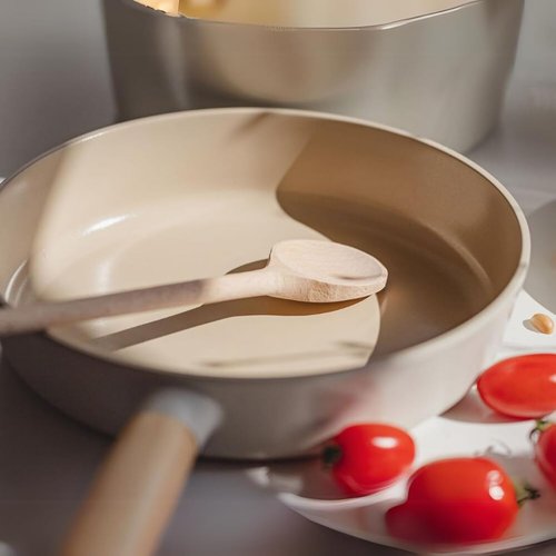 FIKA Nonstick Frying Pan - 9.5 Inch Induction Compatible Skillet with Wooden Handle | Healthy Ceramic Coating