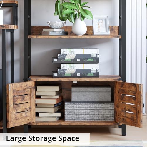 4-Tier Ladder Bookcase with Louvered Doors - Rustic Brown, Sturdy & Space-Saving