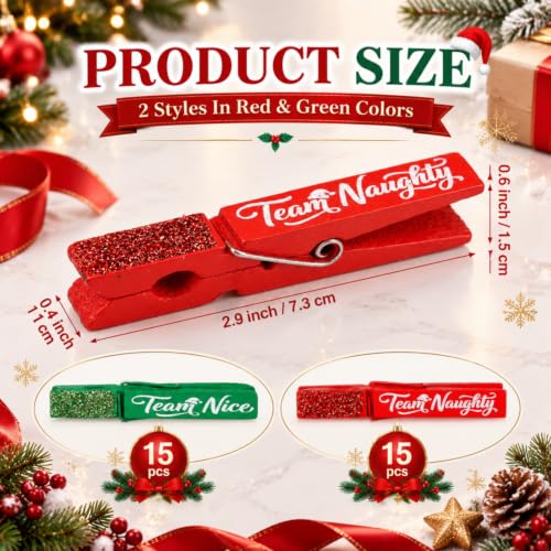 Tinlade Christmas Clothespins 30 Pcs Red & Green Team Naughty Nice Decor