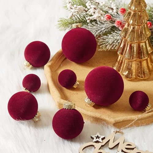 Burgundy Velvet Christmas Ball Ornaments-46pcs Shatterproof Tree