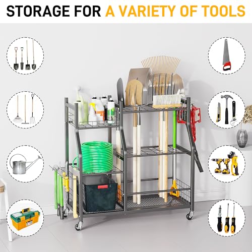 Large Garden Tool Organizer Stand with Wheels, Heavy Duty Steel Storage Rack