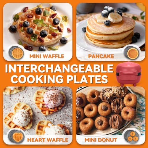 4-in-1 Mini Waffle Maker with Removable Plates - Red, Compact & Versatile
