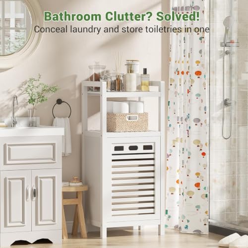 Homykic White Bamboo Tilt-Out Laundry Hamper Cabinet with Removable Bag