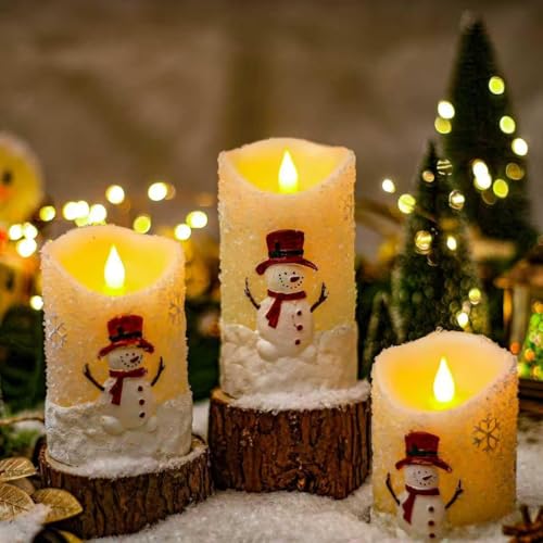 Snowman Flameless Candles with Remote & Timer - 3 Pcs Winter Battery