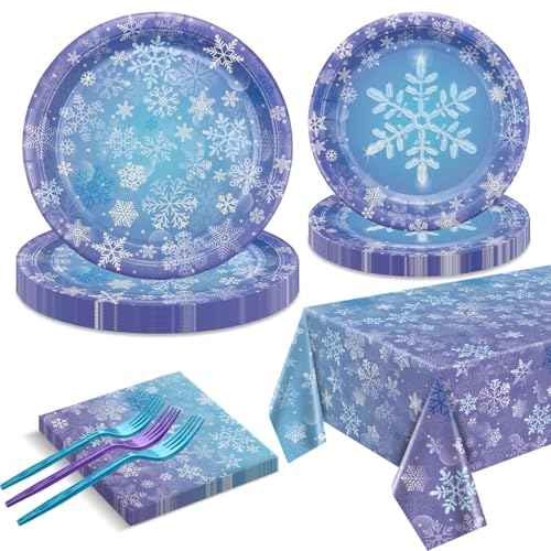 Winter Snowflake Party Supplies for 20 Guests, Disposable Tableware Set Includes Paper Plates, Napkins, Forks, Tablecloth for Girls Princess Party Christmas Winter Holiday Party Decorations