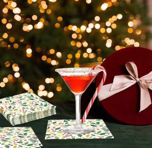 Christmas Holly Berry Cocktail Napkins - 50 Pack for Holiday Parties