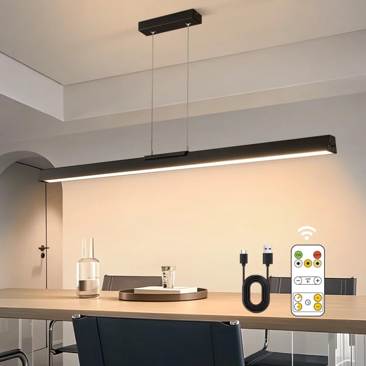Rechargeable LED Pendant Light with Remote - 39.4" Black Kitchen Island Lighting