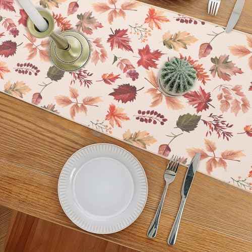 OWENIE Fall Table Runner for Kitchen Dining Table, Thanksgiving Autumn Printed Harvest Pumpkins Maple Leaves Textured Fabric Halloween Holiday Home Decorations, Water-Proof, Washable, 13" W x 90" L