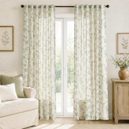 Charlotte Green Linen Floral Curtains - Farmhouse 50x84 Inches, Pack of 2