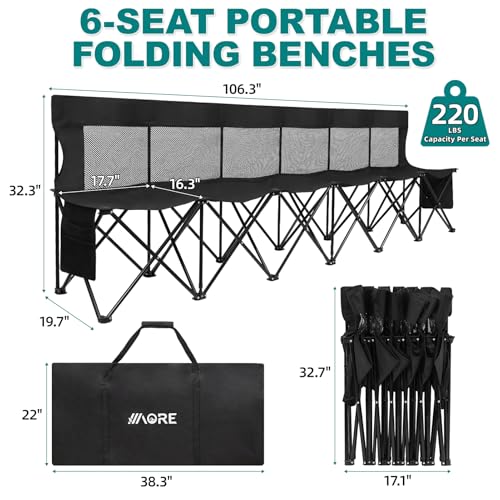 Portable Folding Soccer Bench - 6 Seats with Backrest, Black