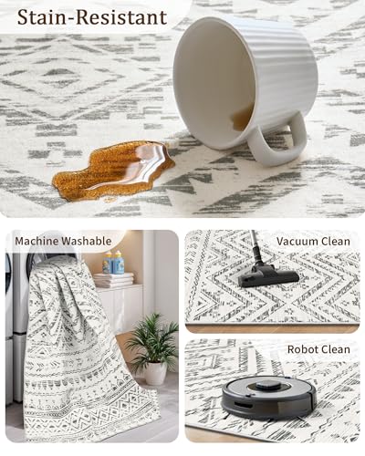 8x10 Grey Washable Non-Slip Area Rug with Moroccan Pattern - Living Room