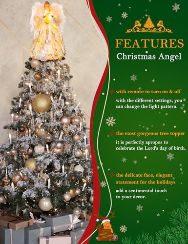 PEEKI 12-inch Gold Angel Christmas Tree Topper with Lights & Remote Control