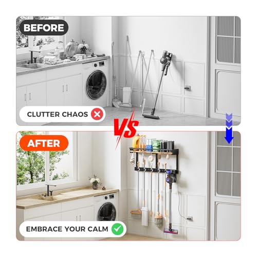 Broom Holder Wall Mount with Shelf - Extra Large 3-in-1 Organizer, Black, L