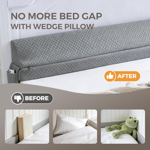 Couzssyhi King Size Bed Wedge Gap Filler Pillow Gray 76x10x6 Adjustable