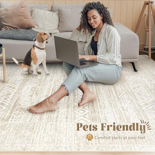 Ivory Beige 8x10 Washable Moroccan Boho Rug with Non-Slip Backing