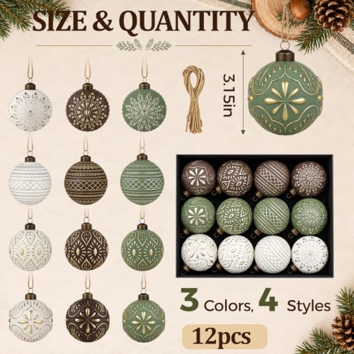 12 Pcs Textured Rustic Christmas Ornaments for Tree – Vintage Brown Green White Balls