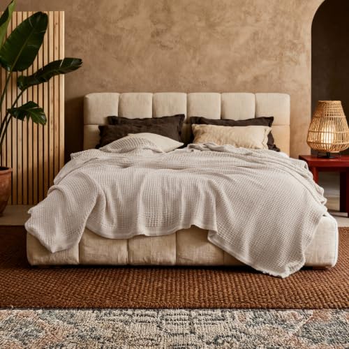 Bedsure King Size Beige Cotton Waffle Weave Blanket - 104x90 Inches, Breathable & Soft