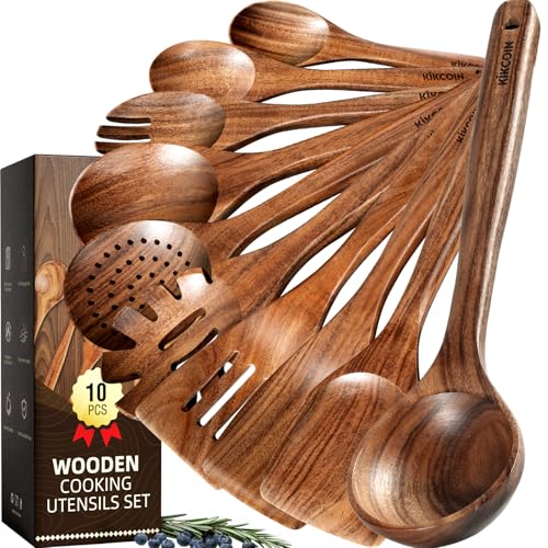 10-Piece Teak Wooden Cooking Utensil Set - Non-Toxic, Durable & Easy to Clean