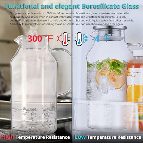 Bivvclaz 1.2 Liter 40 oz Small Glass Pitcher with Lid and Handle, Glass Carafe for Hot/Cold Water, Iced Tea Jug for Coffee, Juice and Homemade Beverage