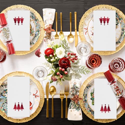 Horaldaily 100Pcs Christmas Napkins Red Foil Trees 4.3x7.9in (Folded) White/Red
