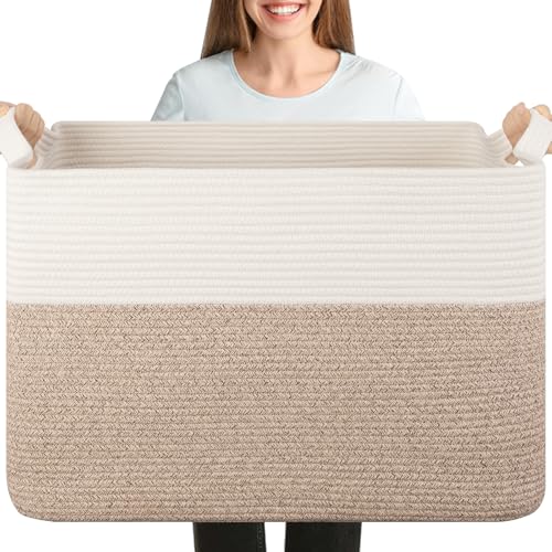 Cotton Rope Storage Basket 108L for Living Room & Bedroom - Brown & White