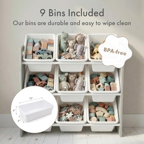 Humble Crew Kids Toy Organizer with 9 Removable Bins, 3-Tier Storage, White & Grey