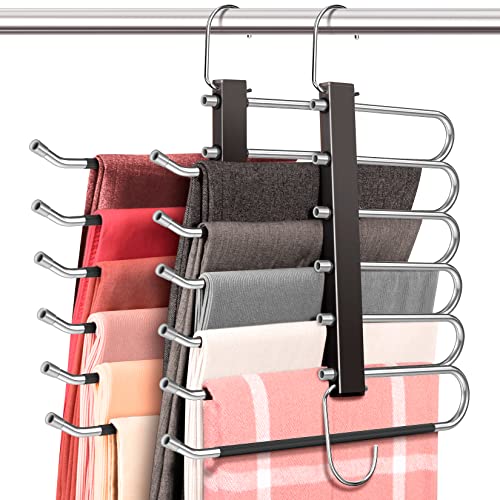HUITEM 4 Pack Black 6-Tier Space Saving Pants Hangers - Anti-Slip Stainless Steel