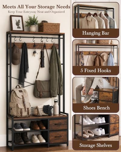 Faesun Rustic Hall Tree with Bench & Shoe Storage - 5-in-1 Entryway Organizer