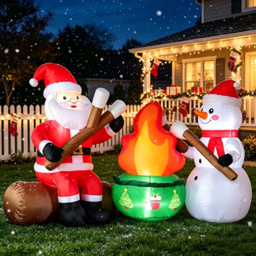 DomKom XMS CampFire 6FT Christmas Inflatable Yard Decor with Santa & Snowman, LED Light, Outdoor Lawn & Garden Xmas Party