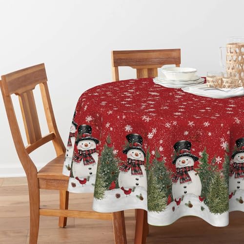 Horaldaily 70-Inch Round Christmas Tablecloth Snowman & Trees Red Winter Decor