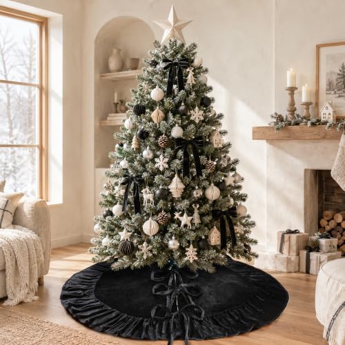 SoarDream Black Velvet 36 Inch Ruffled Christmas Tree Skirt - Vintage Style