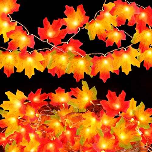 Fall Thanksgiving Decorations for Home 2Pack Total 20ft 40LED Enlarged Maples Leaf String Lights Battery Operated Maple Leaves Garland with Lights for Indoor Outdoor Autumn Halloween Christmas Decor