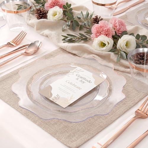 350Pcs Rose Gold Disposable Plates Set for Parties - Clear Plastic Dinnerware, 50 Guests