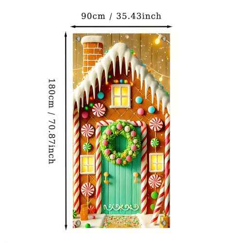 Christmas Door Cover Christmas Gingerbread House Hanging Banner Candy Gingerman Backdrop Front Door Porch Sign Photography Background Winter Xmas New Year 35x71 £¨Banner, Not a Real Wreath£©