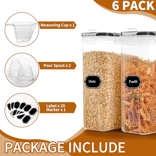 6 Pack Airtight Cereal Containers Set with Lids, Pour Spouts & Labels - 4L